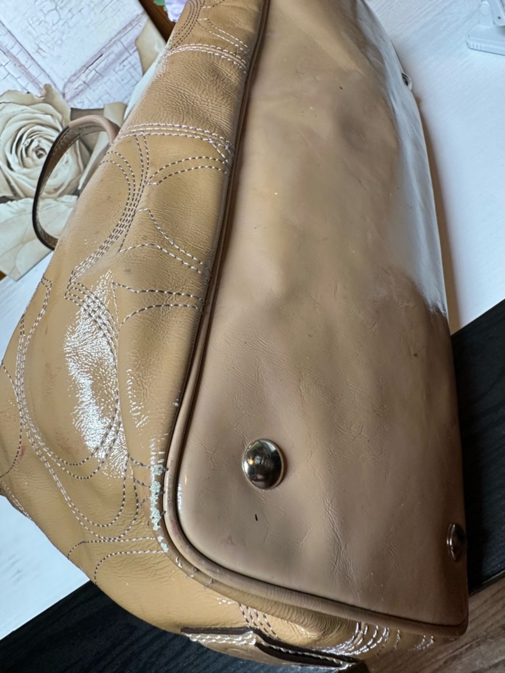 Coach Beige Patent Leather Tote with Signature Stitching - Picture 15 of 16